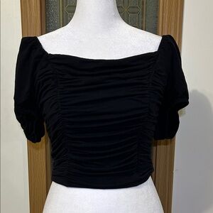 Forever 21 black ruched off the shoulder puff sleeve crop top juniors large